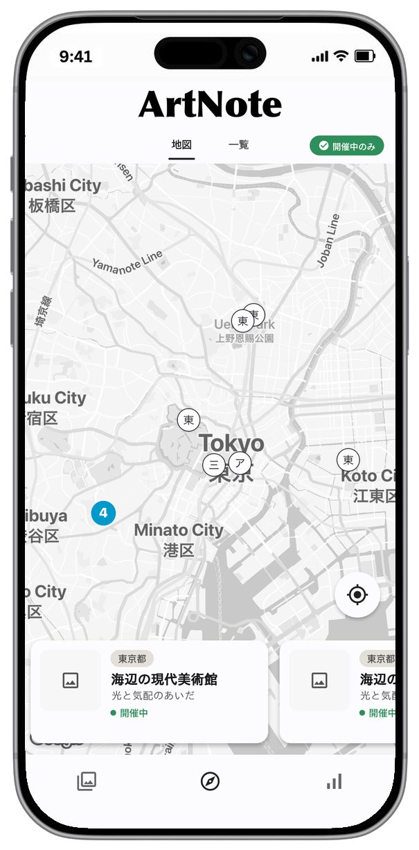 地図から展覧会を探す画面